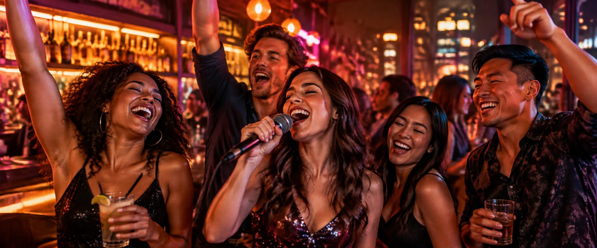 Friends singing karaoke together in a lively Toronto bar